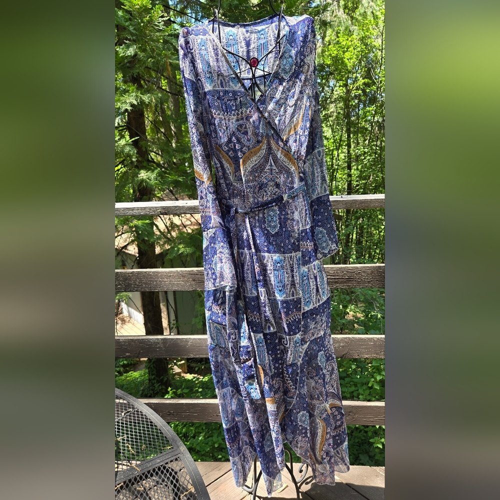 Blue paisley flutter sleeve sheer cover up wrap dress szXL - Picture 2 of 7